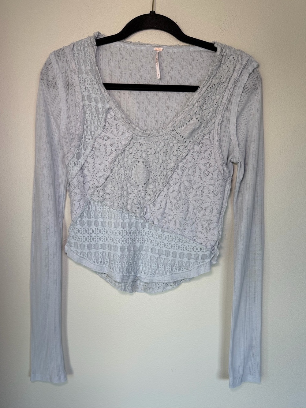 Free People Blue Cottage Coquette Lacy Shirt Crochet Vest Boho Comfy